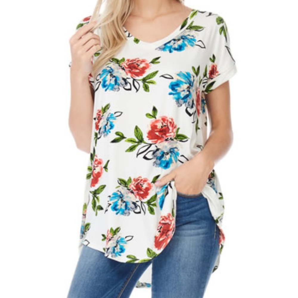 White Short Sleeves Floral Top